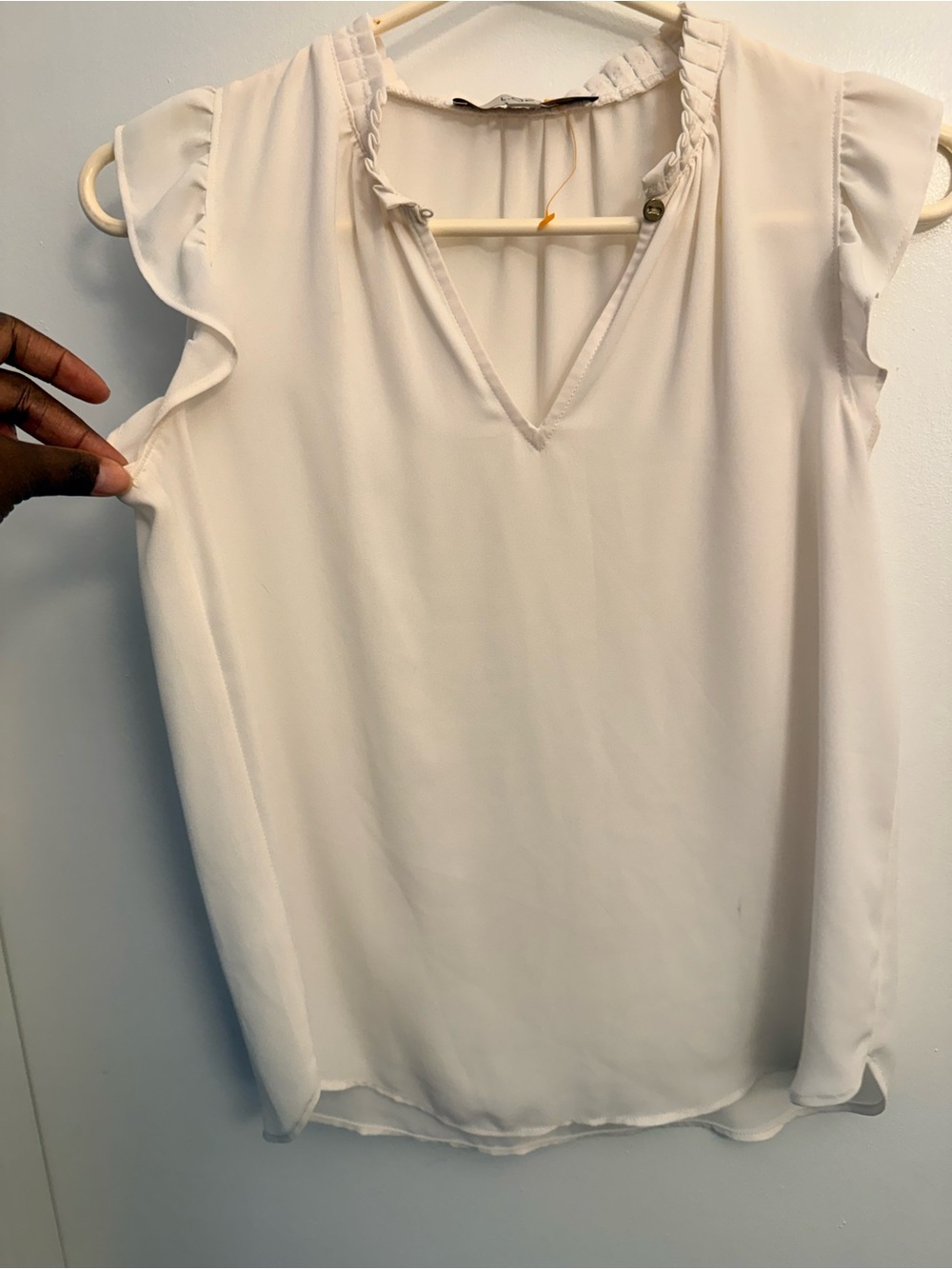 LOFT Cream Ruffle Cap-Sleeve V-Neck Blouse